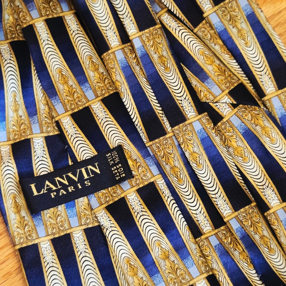 Lanvin Paris Mens Tie Blue Gold Baroque Silk Architectural Art Deco Print France